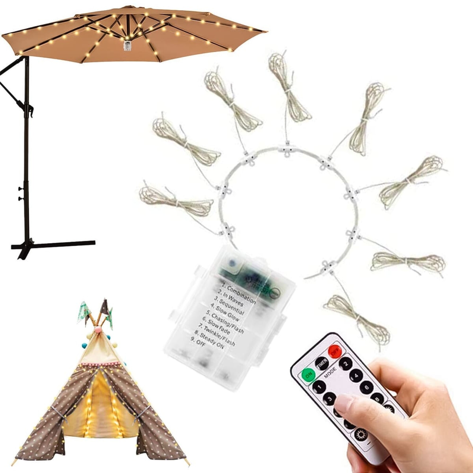Tiras LED alimentadas por batería, 5 V, color blanco frío, kit de tira LED  USB, luz de poste de sombrilla para sombrillas de patio, tiendas de campaña