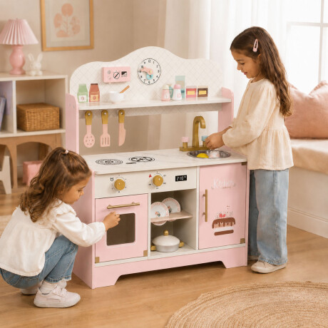 Cocina Infantil De Madera Accesorios Didáctica Duradera Rosa