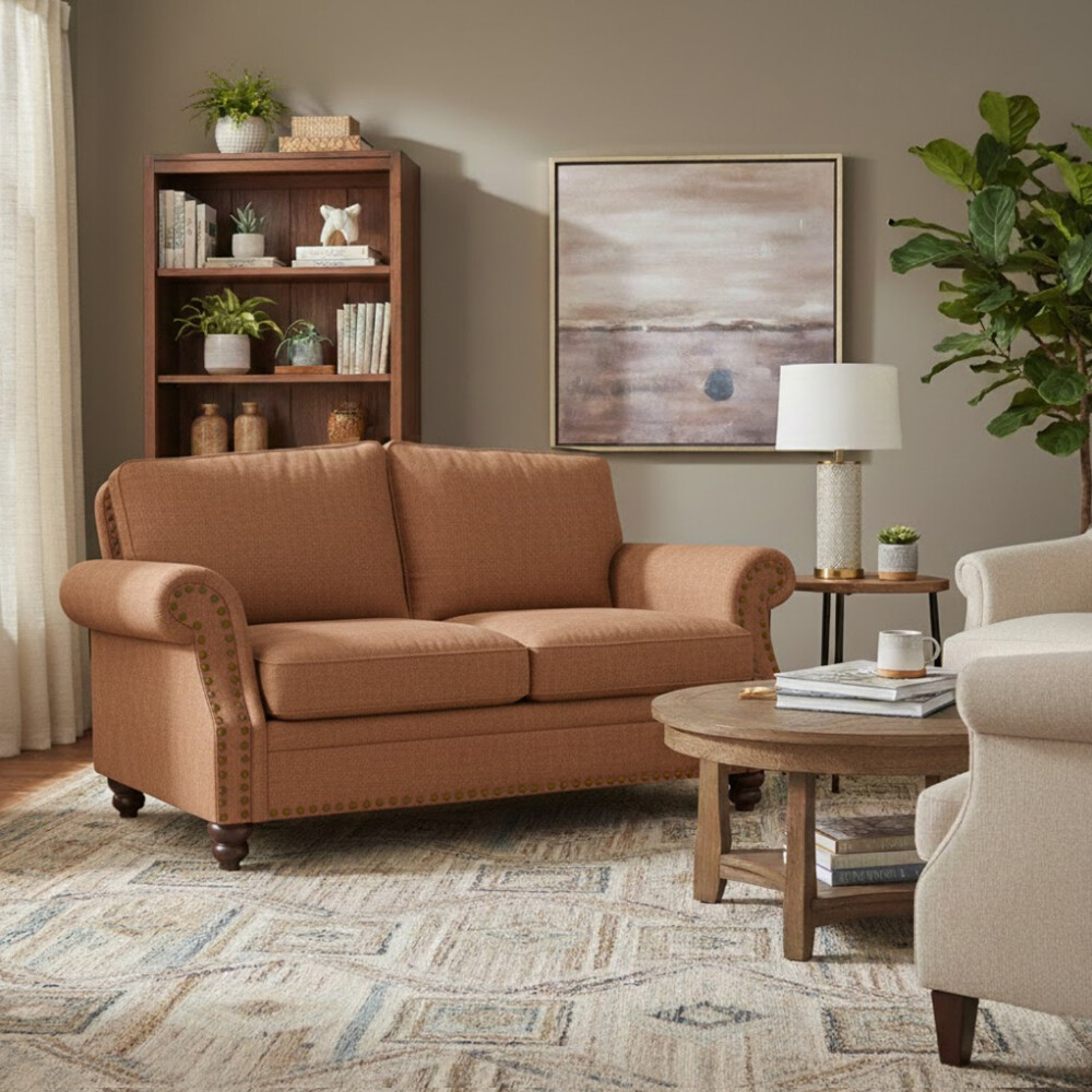 SOFÁ SILLÓN 2 CUERPOS DE NUBUCK - CON TACHAS BEIGE