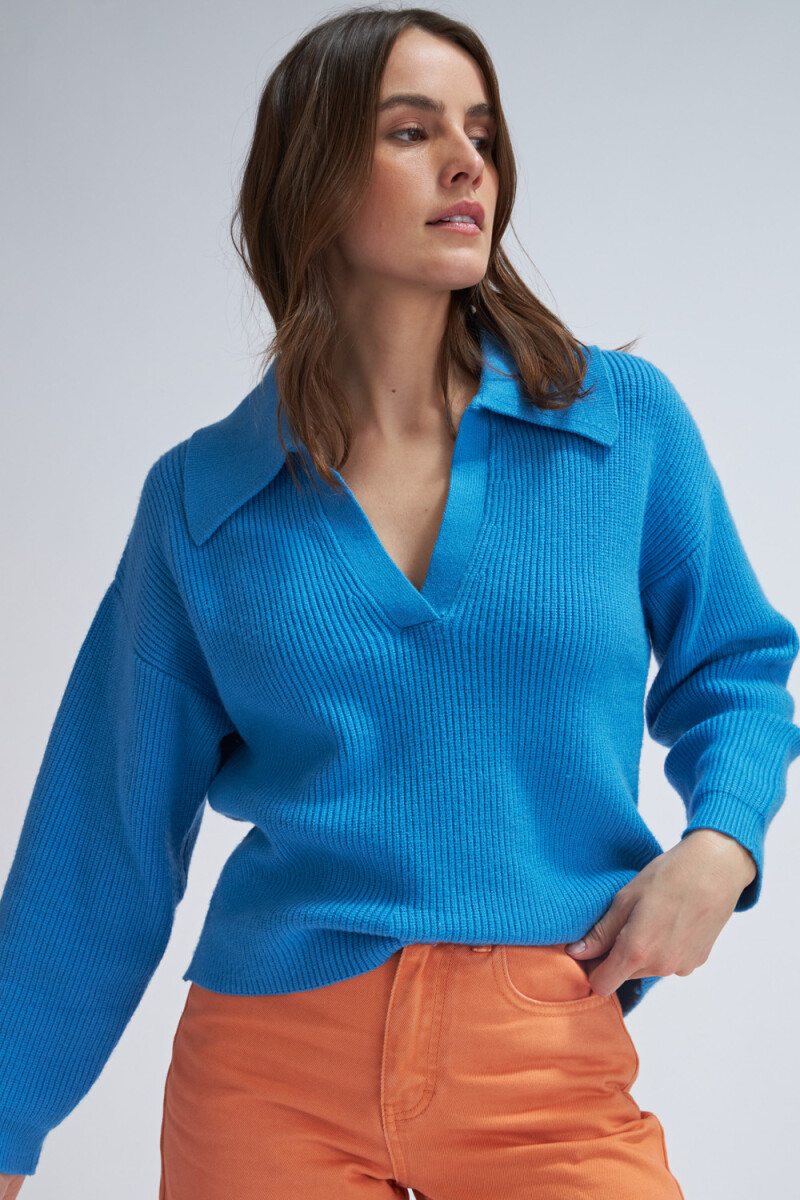 Sweater de punto cuello polo Turquesa