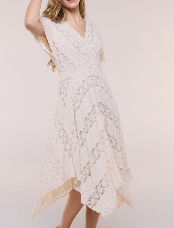 Vestido De Encaje Con Frunces BEIGE CLARO