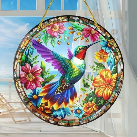 Cuadro Redondo Estilo Vitral Colibrí En Campo De Flores