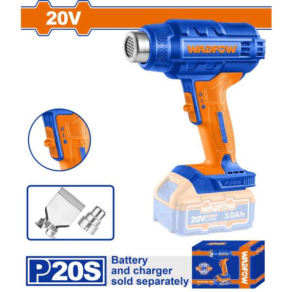 PISTOLA DE CALOR WADFOW A BATERIA 20V P20S 300/550°C 100/200 L/MIN WKH1501 PISTOLA DE CALOR WADFOW A BATERIA 20V P20S 300/550°C 100/200 L/MIN WKH1501