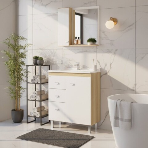 Conjunto de Baño Completo Elisa (74cm) | Mueble de Pie con 3 Cajones, Bacha y Espejo Conjunto de Baño Completo Elisa (74cm) | Mueble de Pie con 3 Cajones, Bacha y Espejo