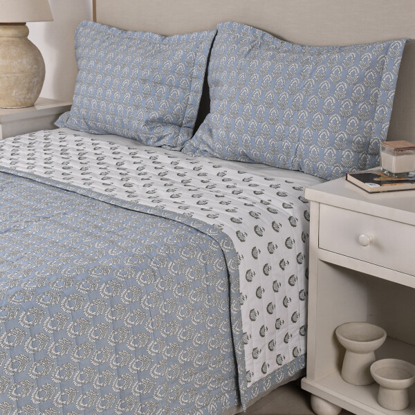 Cubrecama Bea 200 Hilos Block Print Celeste King - Super King