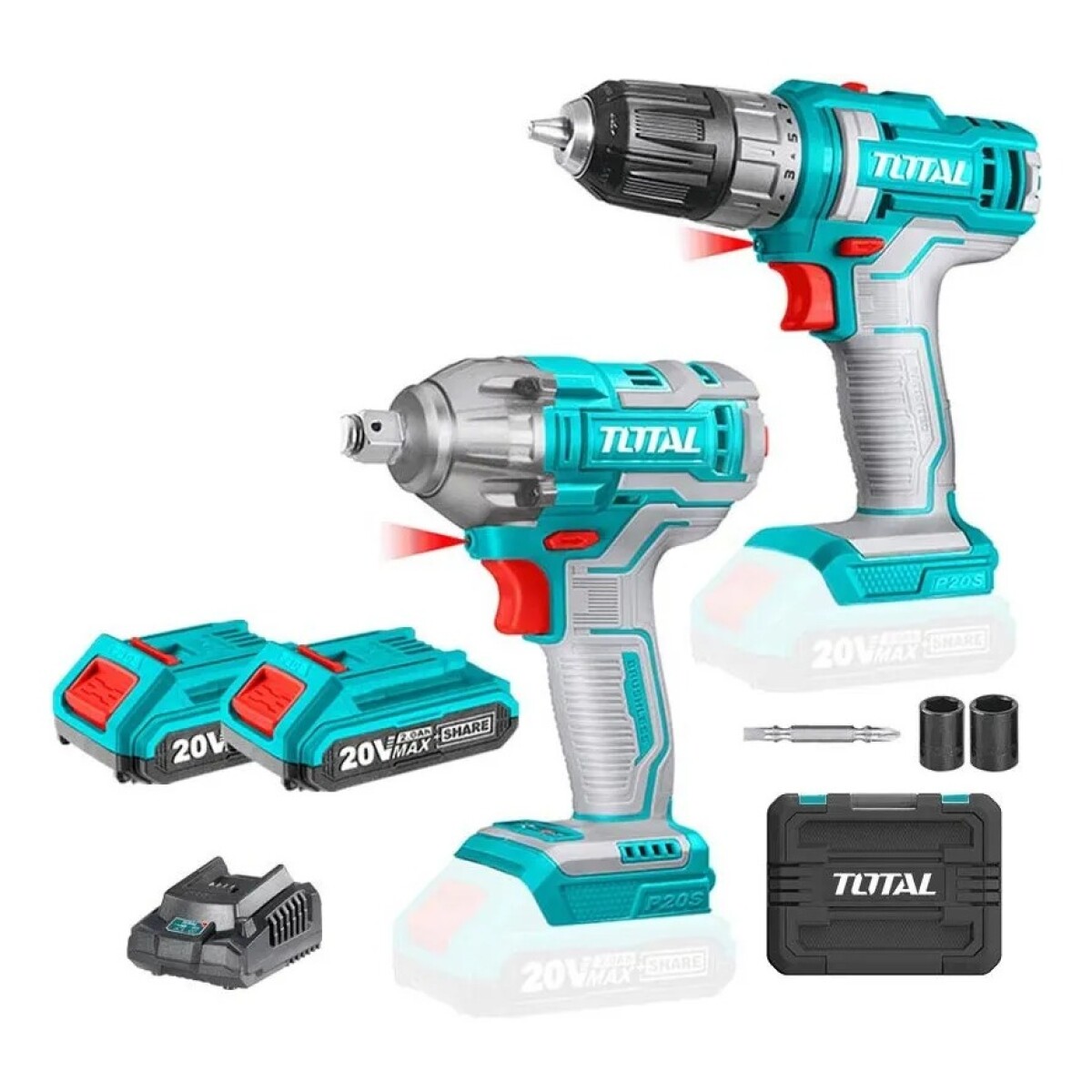 Combo Kit Total 20V Brushless: Llave Impacto + Taladro 2 Baterías 