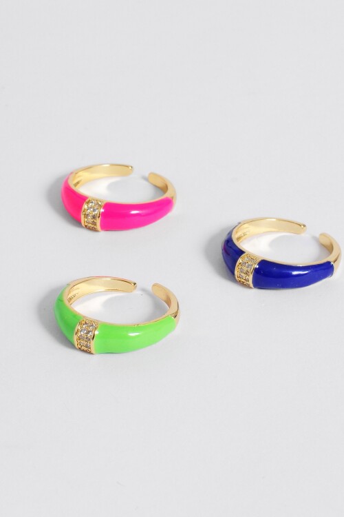 Set de tres anillos gruesos ajustables strass cobre multicolor