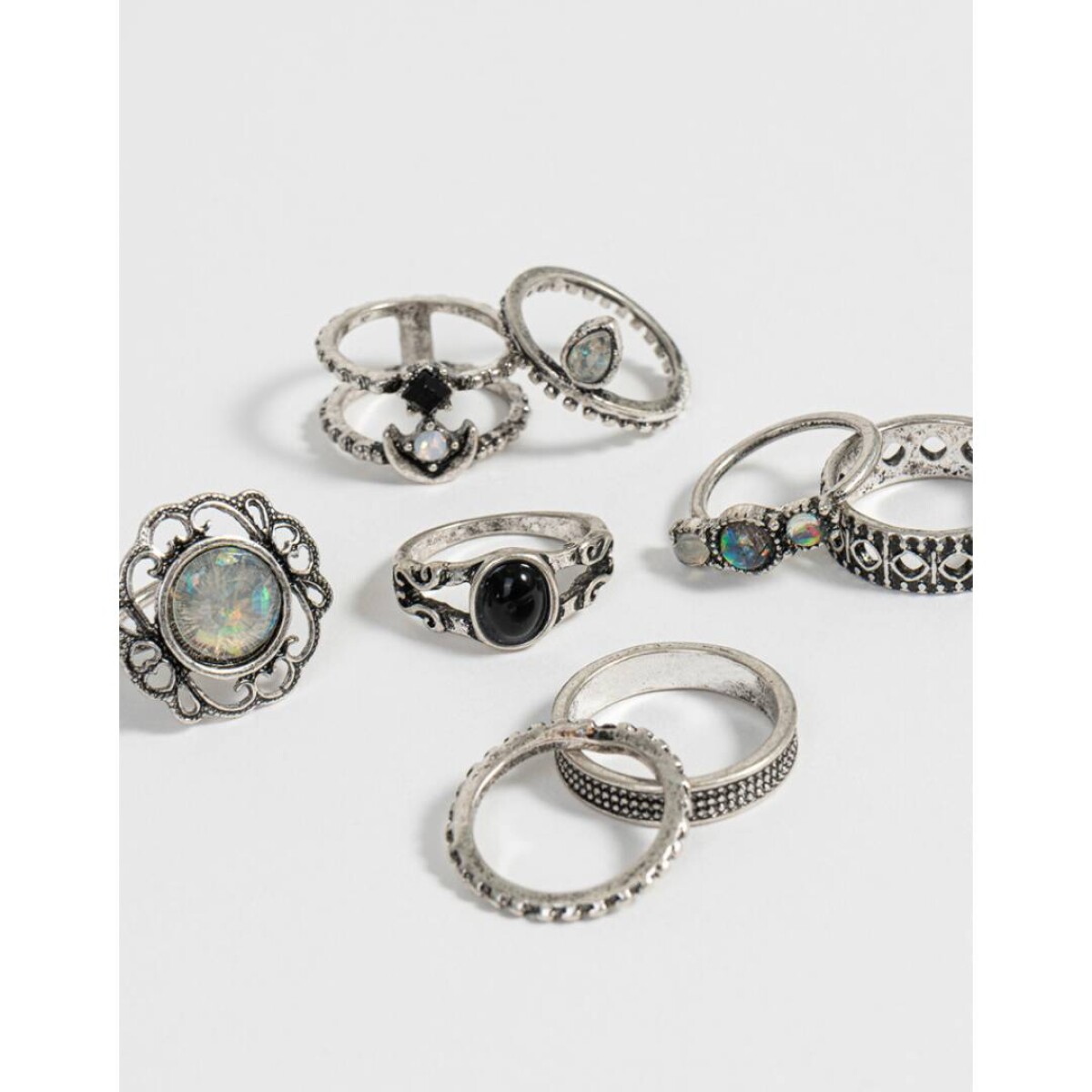 Set De Anillos Con Piedras - Plateado Antique Silver 