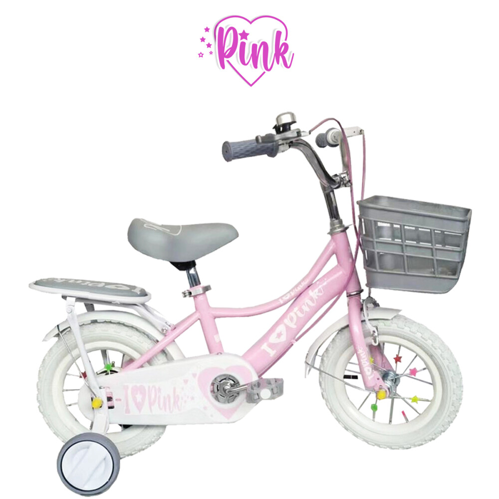 Bicicleta Infantil Rodado 12 Niña Con Rueditas Blancas Y Canasto Rosa
