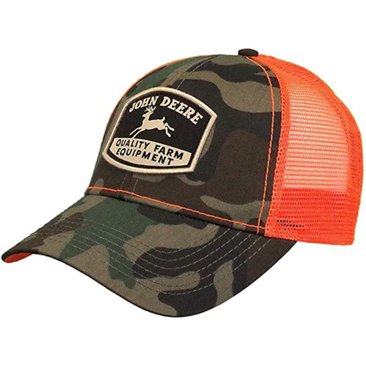 Gorra John Deere con camuflaje y malla naranja con bordado. 