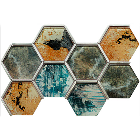 Mosaico Hexagonal Vidrio 28X41 Mix Con Bordes Plateados 000