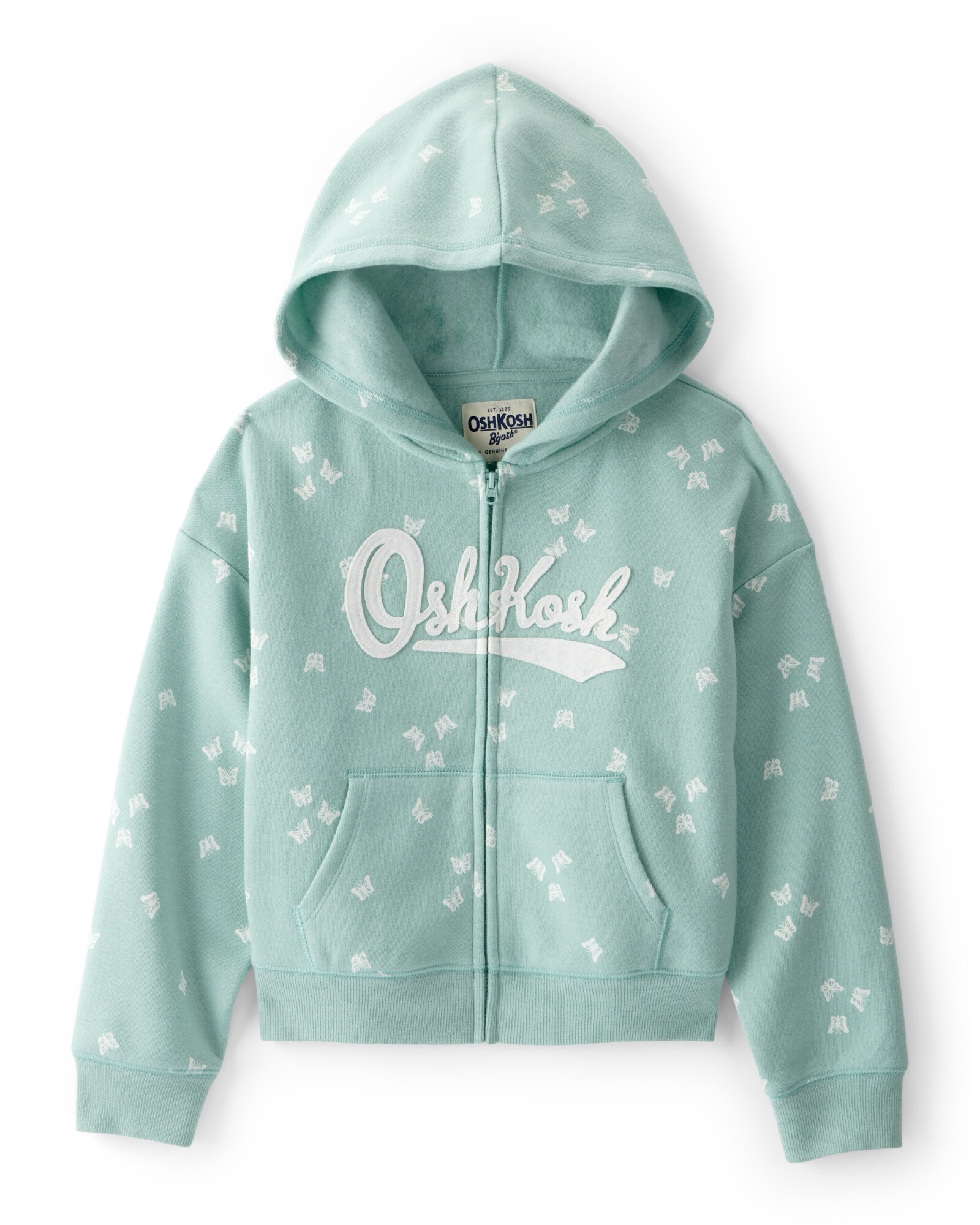 Campera de algodón con felpa, verde, diseño mariposas Sin color