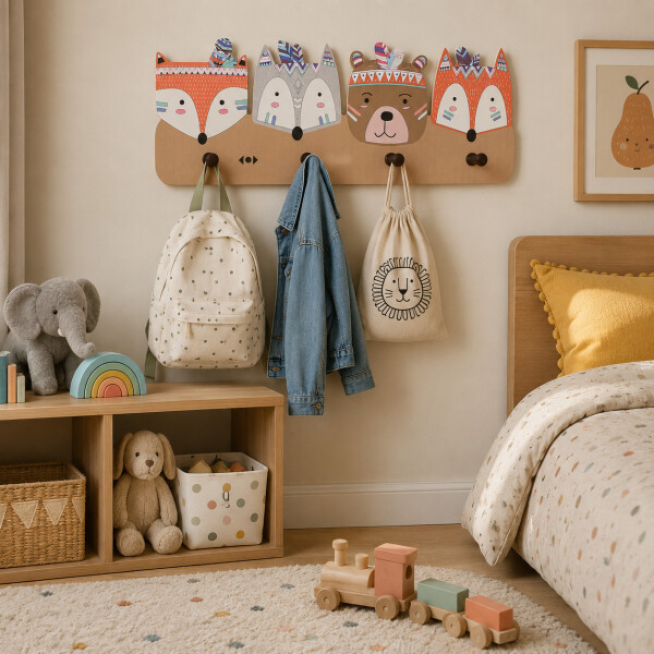 Perchero Infantil De Pared Animales 4 Ganchos Redondeado MDF Marrón 1