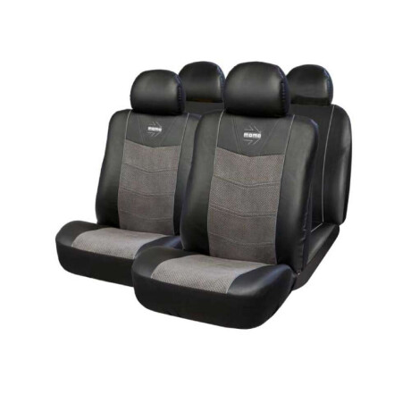 Juego Cubreasiento Momo Auto Combinado Ecocuero Y Tela Negro Con Gris