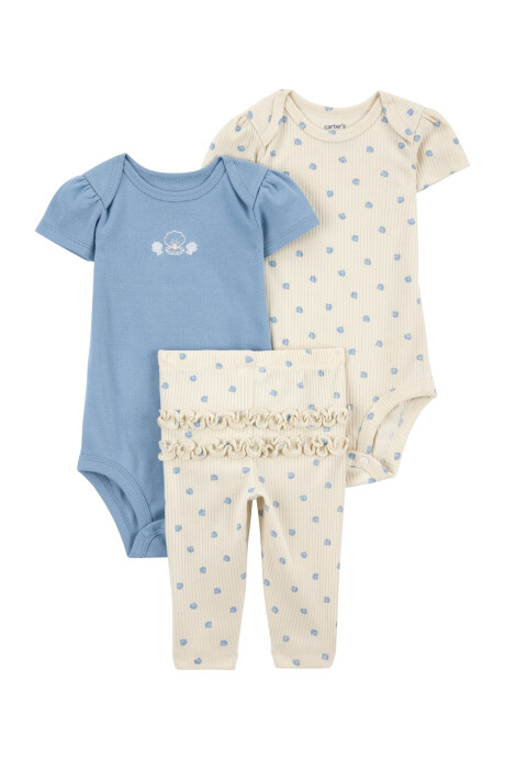 Set tres piezas de algodón, pantalón y dos bodies, diseño caracolas Set tres piezas de algodón, pantalón y dos bodies, diseño caracolas