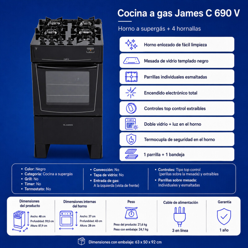 Cocina A Gas James 4 Hornallas Con Mesada De Vidrio Negra C 690 V Cocina A Gas James 4 Hornallas Con Mesada De Vidrio Negra C 690 V