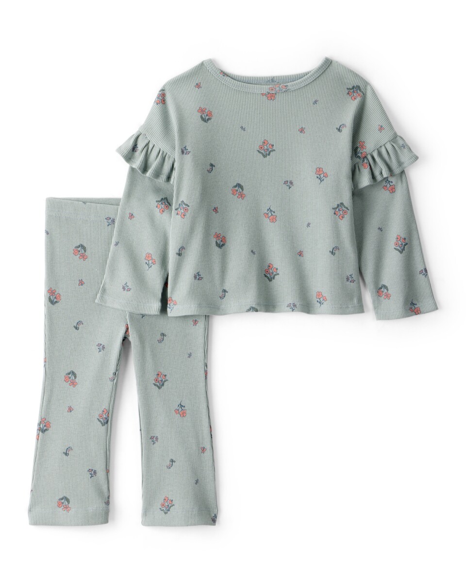 Set dos piezas de algodón, pantalón y remera, diseño floral 