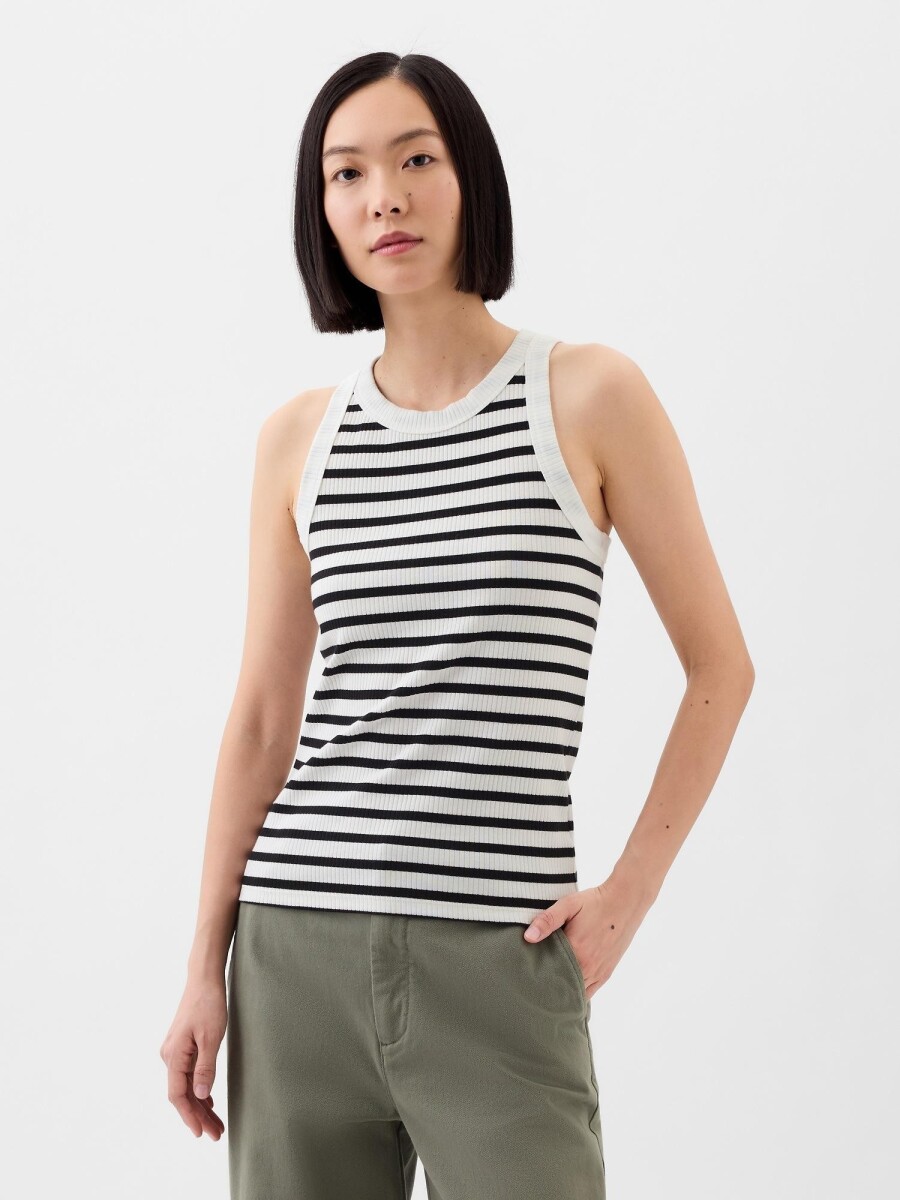 Musculosa Cuello Alto A Rayas Mujer - White Black Stripe 