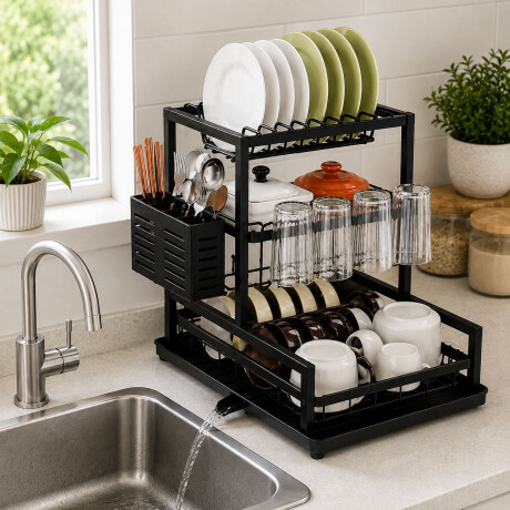 Escurridor Platos 3 Pisos Drenaje Automatico Porta Cubiertos Negro