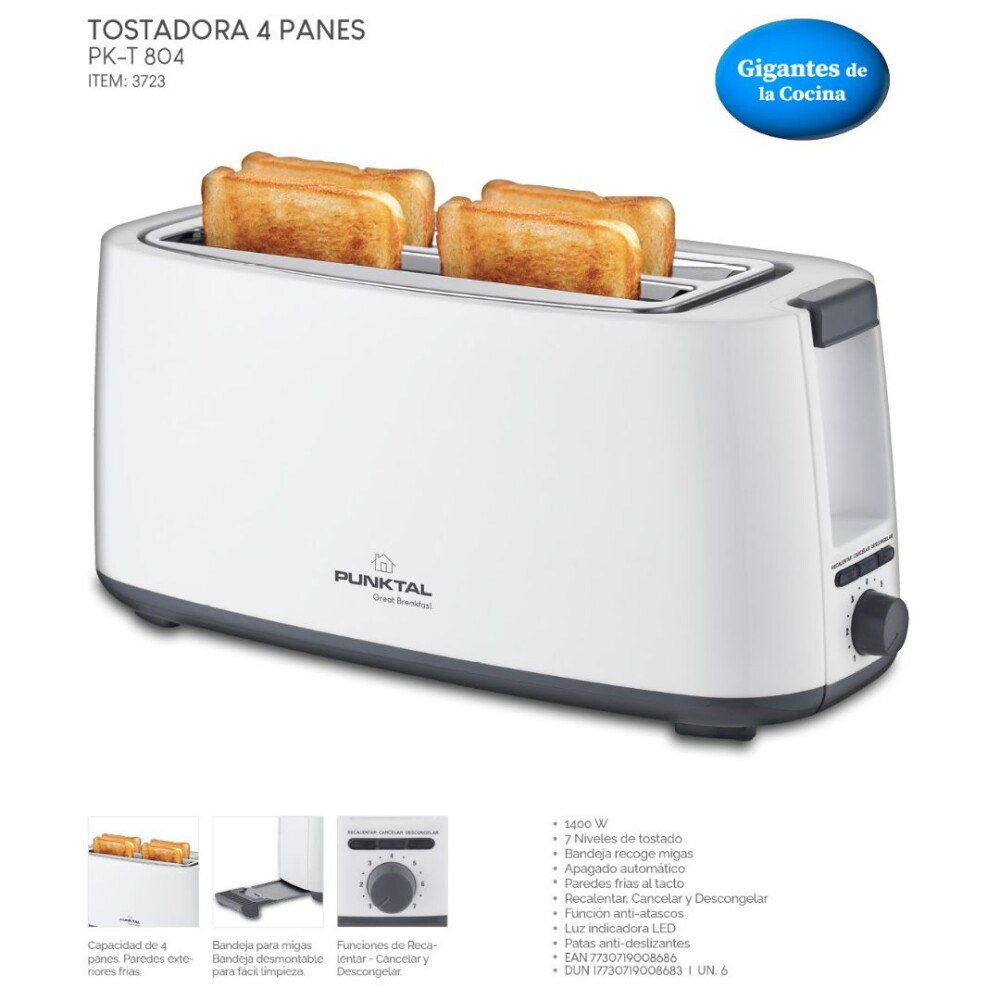 Tostadora 1400W 7 Niveles y Funcion Descongelar - Punktal Tostadora 1400W 7 Niveles y Funcion Descongelar - Punktal