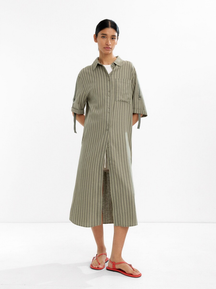 Vestido Camisero A Rayas Mezcla De Lino verde