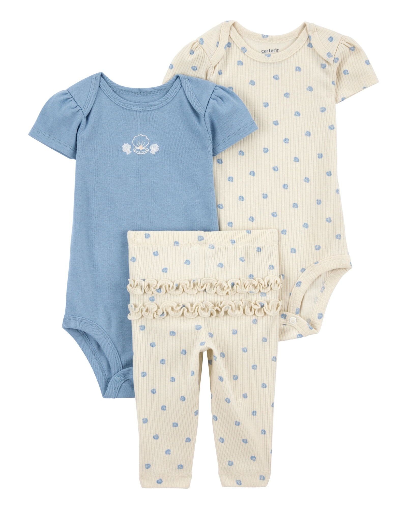 Set tres piezas de algodón, pantalón y dos bodies, diseño caracolas Set tres piezas de algodón, pantalón y dos bodies, diseño caracolas