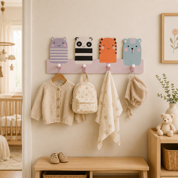 Perchero Infantil De Pared Animales 4 Ganchos Redondeado MDF Marrón 2