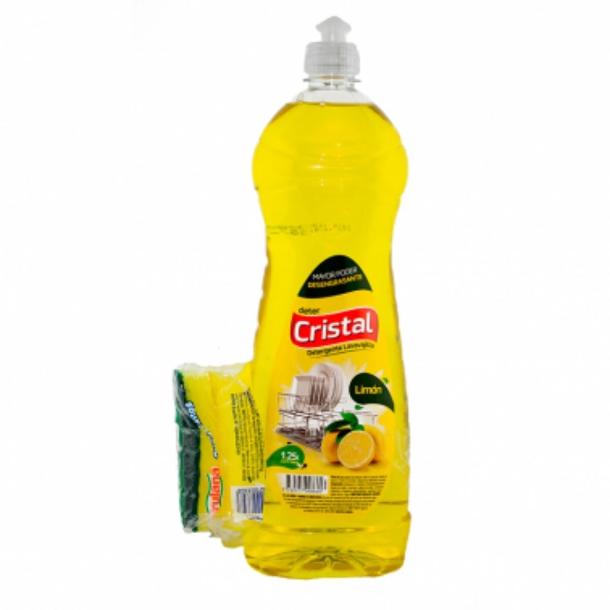Detergente Líquido Cristal Limón - 1.25 LT + Esponja de Regalo 