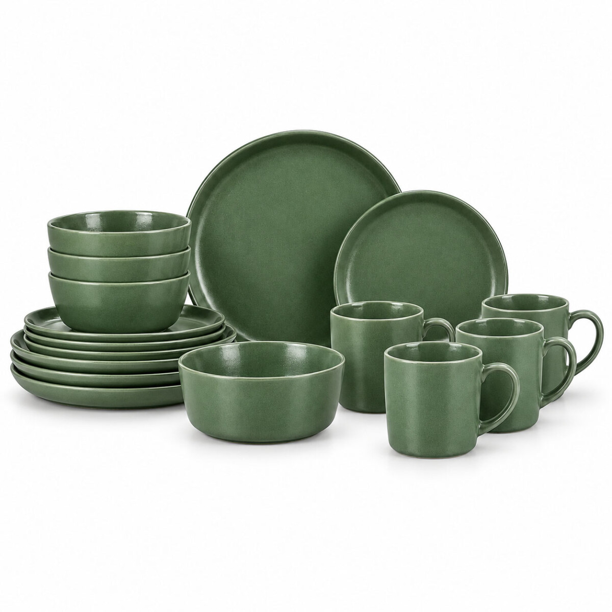 Juego Vajilla 16 Piezas Cerámica 4 Personas Diseño Moderno - Verde Musgo 