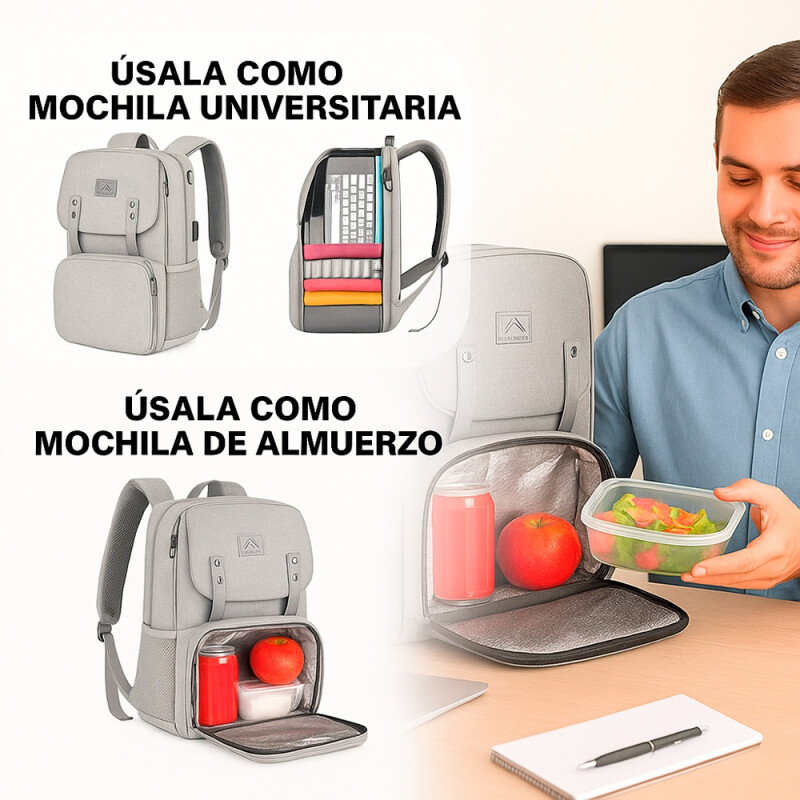 Mochila Lonchera Impermeable Porta Laptop Matein 1161 Gris