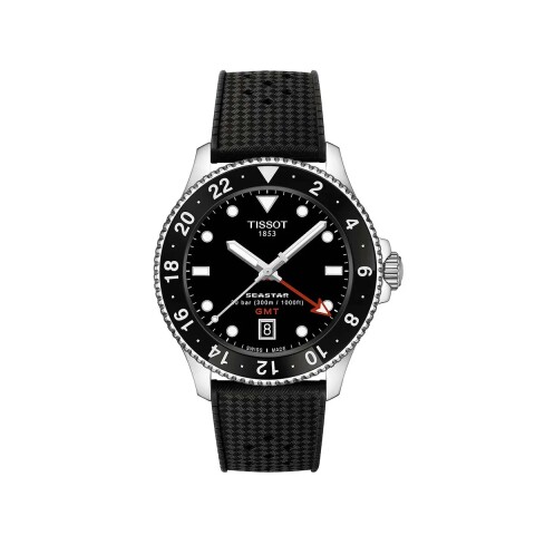 Reloj Tissot T1208521705100 Seastar 1000 Quartz GMT para hombre de silicona Negro