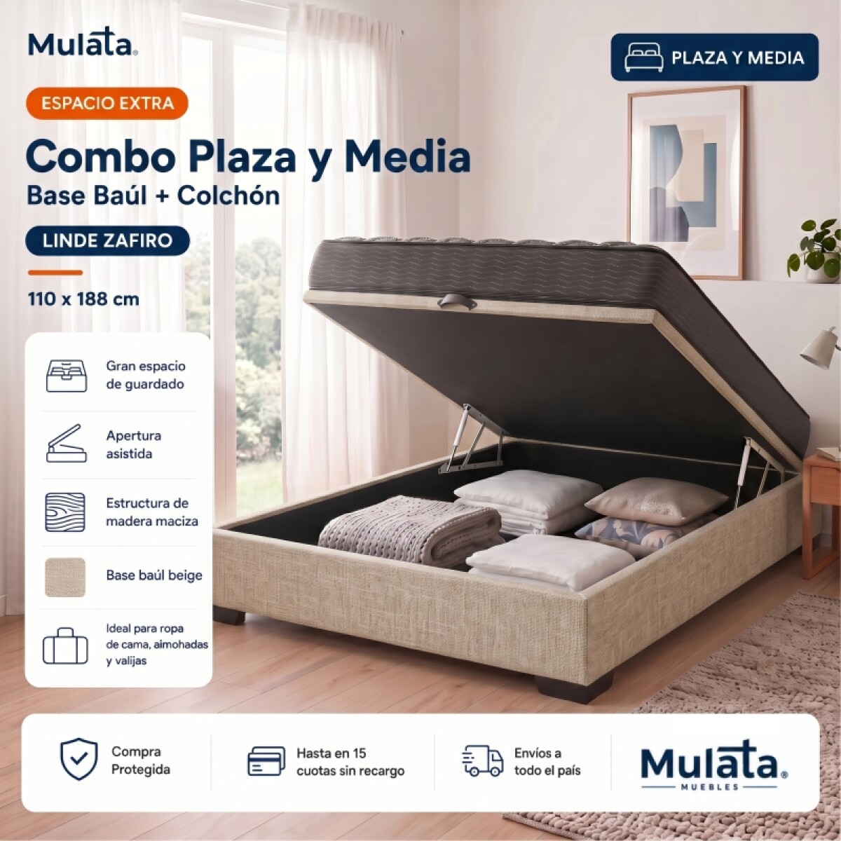 Sommier Baúl Plaza Y Media Beige con Colchón Linde Zafiro 110 x 190 Firme 