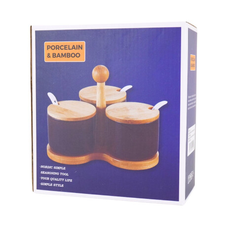 Set de 3 condimenteros de ceramica con base de bamboo Set de 3 condimenteros de ceramica con base de bamboo