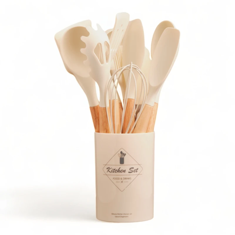 Set Utensilios Cocina Inicial Silicona Madera Plus Gourmet Crema