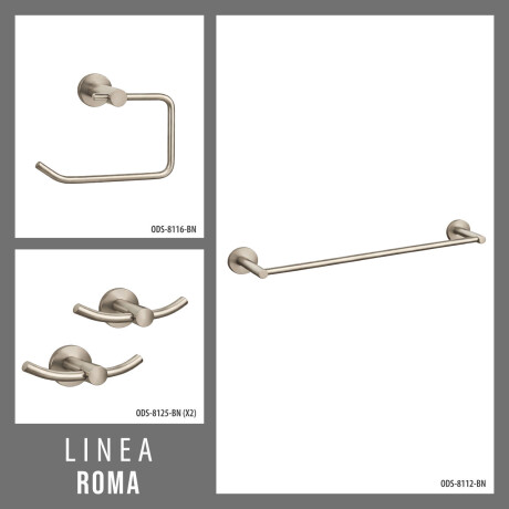 SET DE ACCESORIOS INCLUYE 2 PERCHAS DOBLES,TOALLERO Y PORTA ROLLO, LINEA ROMA 000