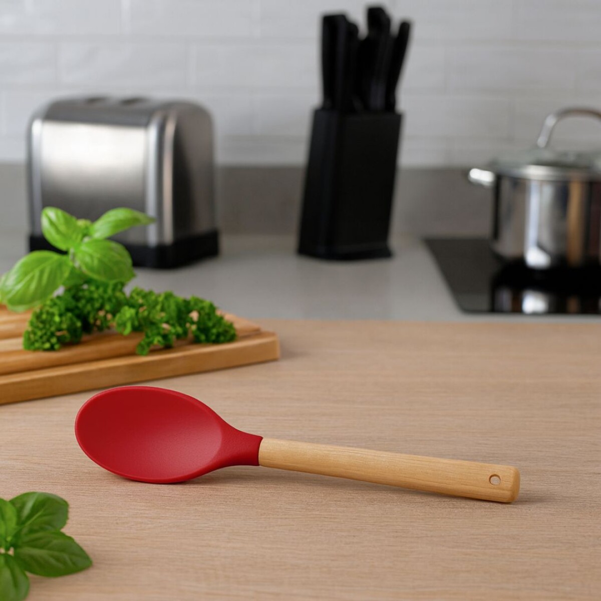 CUCHARA DE SILICONA Y BAMBU MOR - Rojo 
