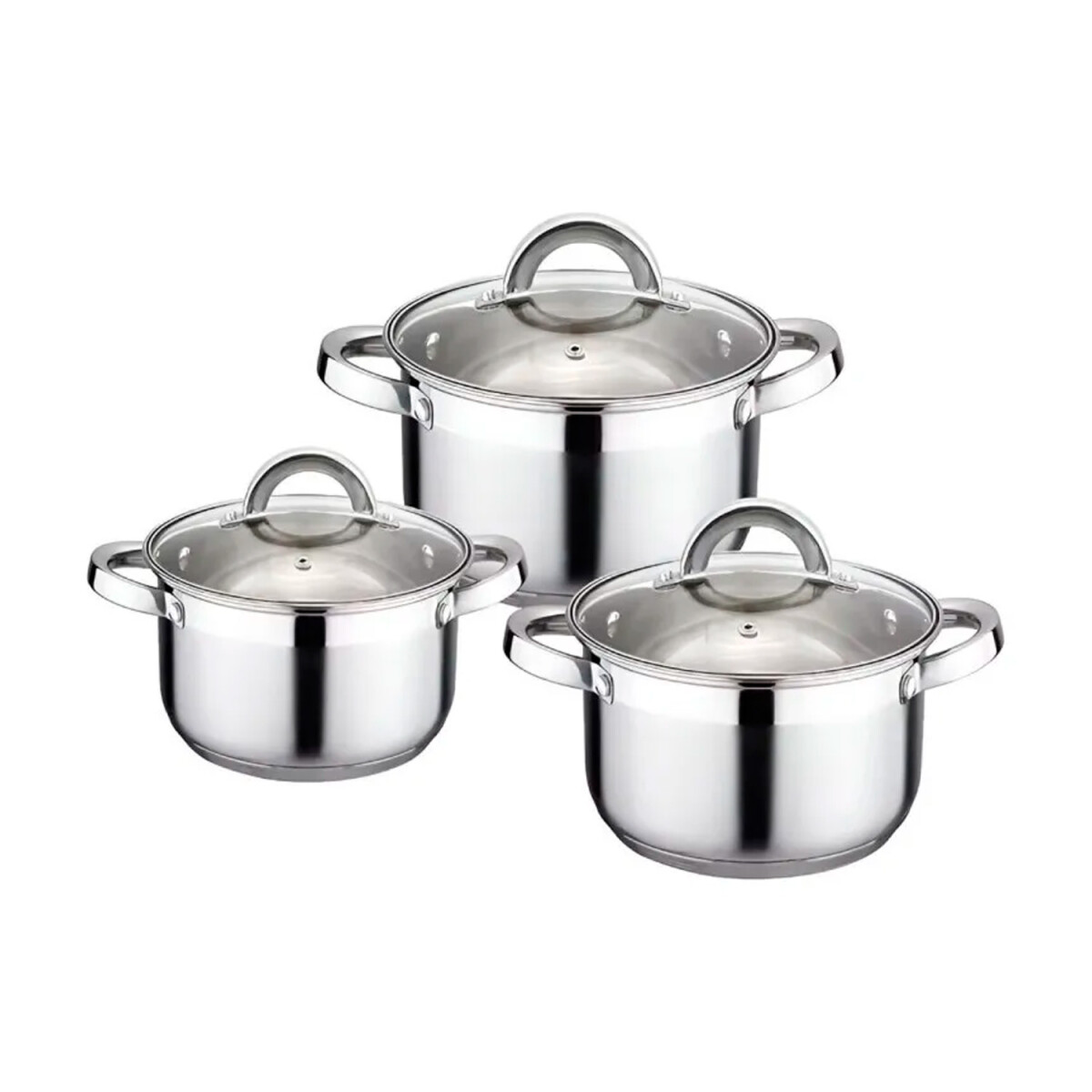 Set 3 Ollas Acero Inoxidable Con Tapas Vidrio Reforzadas - Plateado 