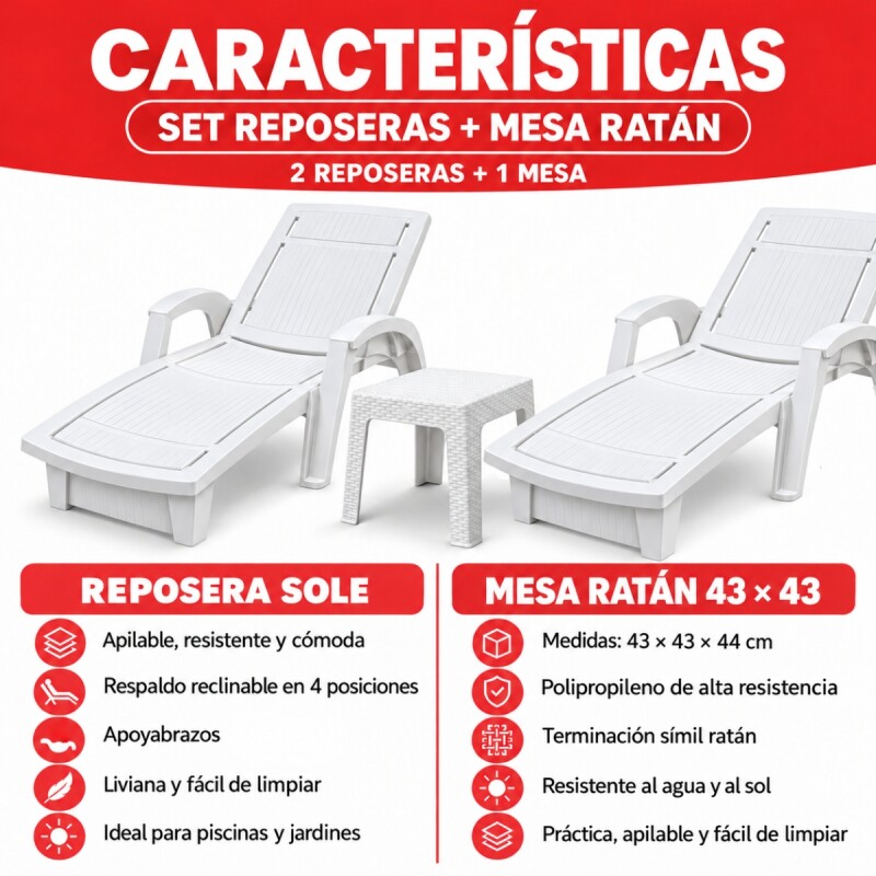 Set x2 Reposeras piscina+ mesa auxiliar BLANCO