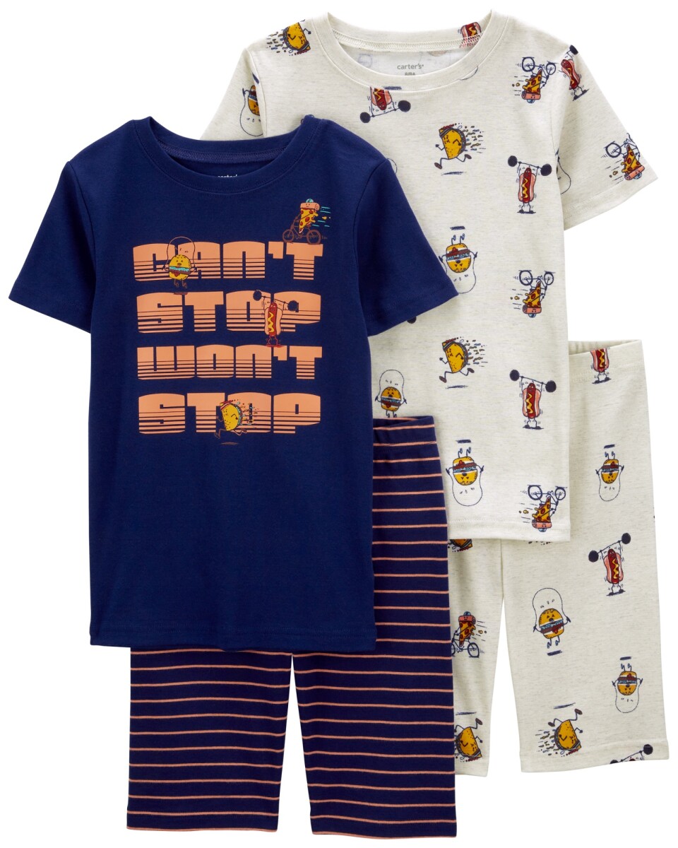Pijama cuatro piezas de algodón, dos bermudas y dos remeras manga corta estampados 