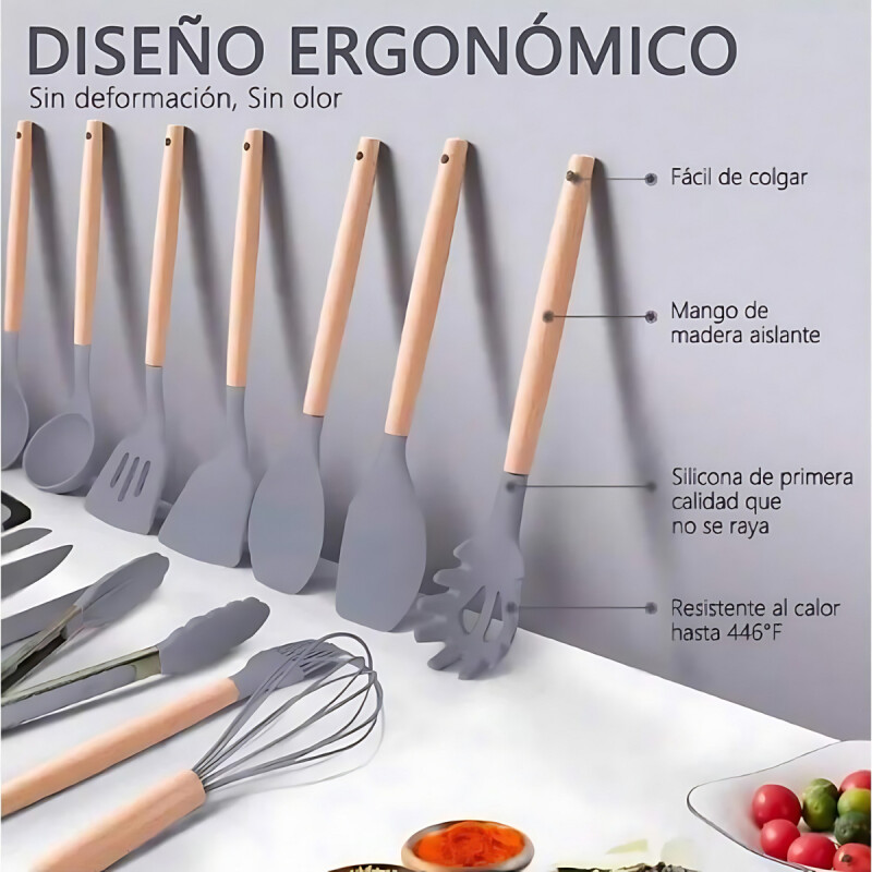 Kit Set Utensilios Para Cocina Madera Y Goma Gris