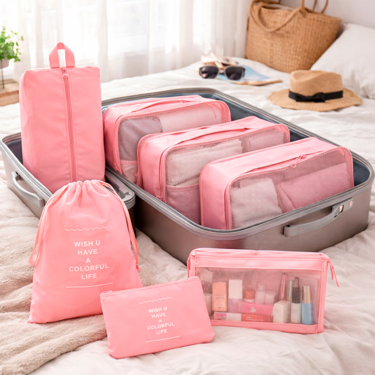 Kit Organizador de Viaje 8 Piezas - Rosa 