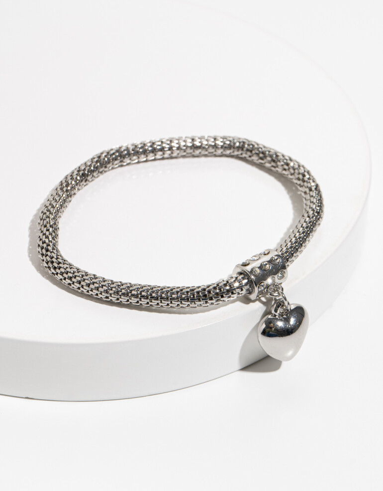 Pulseras Elásticas Strass Pulsera De Metal Con Dije De Corazón - Plateado Rodio