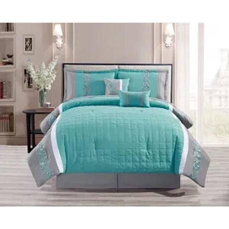 Set de Cama 1 Plaza 6 Piezas c/ Acolchado Almohadones Fundas Verde Agua/gris