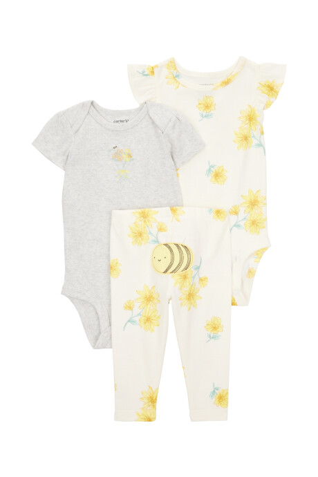 Set tres piezas de algodón, pantalón y dos bodies, diseño floral Set tres piezas de algodón, pantalón y dos bodies, diseño floral