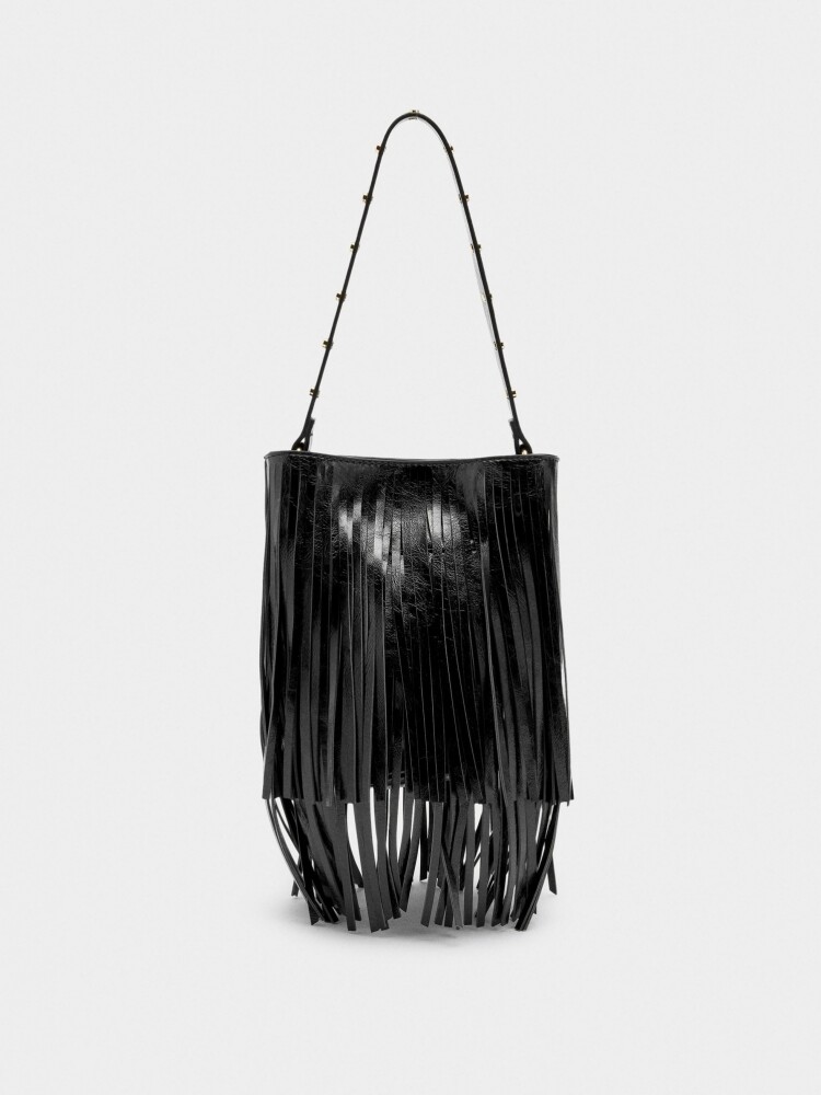 Bolso Bombonera Con Flecos Largos negro