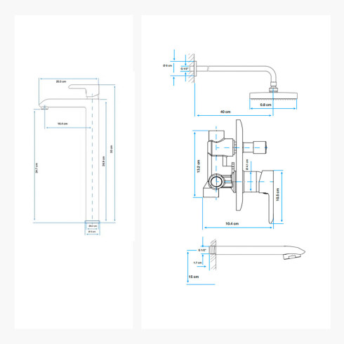 JUEGO DE GRIFERIA COMPLETO. INCLUYE DUCHA EMBUTIDA, VISTA Y LAVATORIO ALTO ORO SEMI MATE AQUALIA 000