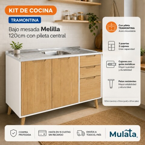 Kit de Cocina Bajo Mesada Melilla Blanco con 3 Puertas de Madera y 2 Cajones y Pileta Tramontina Central Kit de Cocina Bajo Mesada Melilla Blanco con 3 Puertas de Madera y 2 Cajones y Pileta Tramontina Central