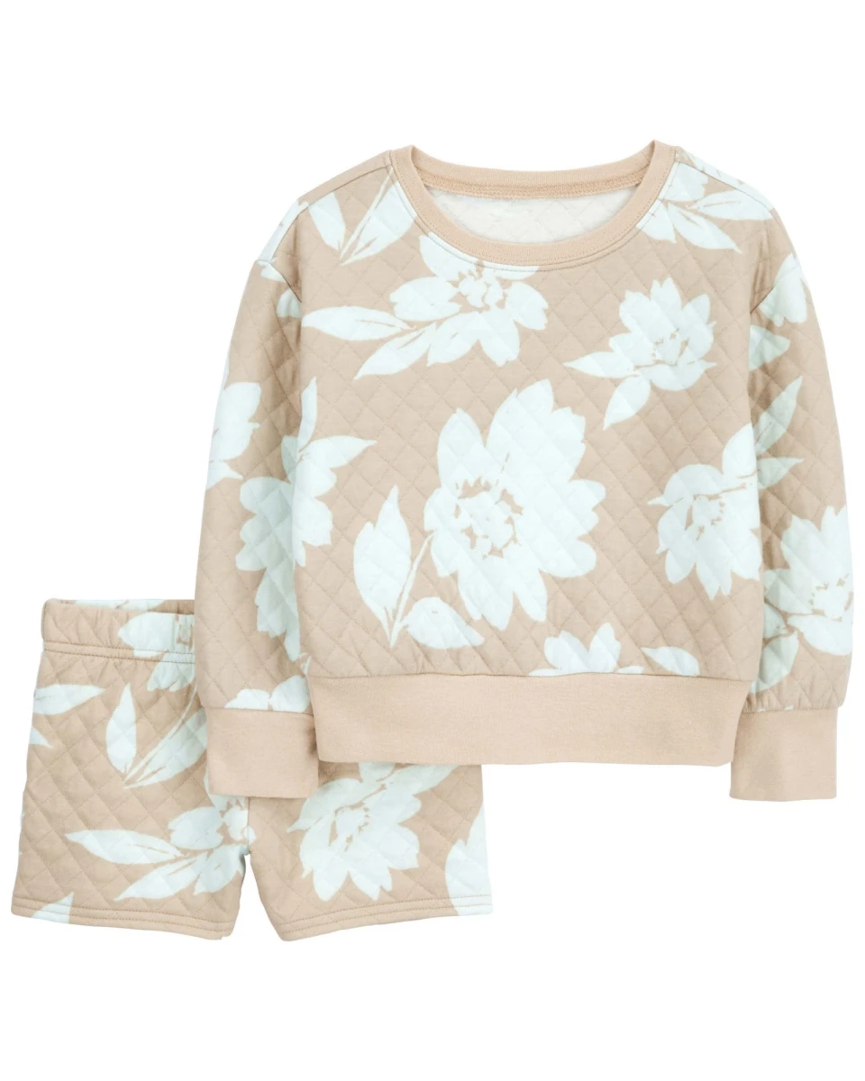 Set dos piezas de algodón capitoneado, short y buzo diseño floral 