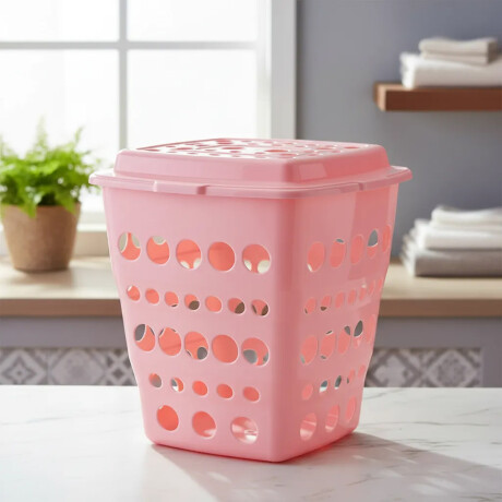 Cesto Canasto Ropa Calado Plástico con Tapa Paramount 55Lt Rosa