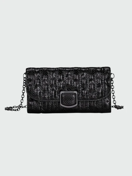 Longchamp -Sobre de cuero impreso pitón, con solapa, Brioche Negro